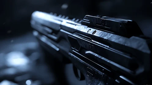 Futuristic handgun glows in cold cinematic blue lighting.