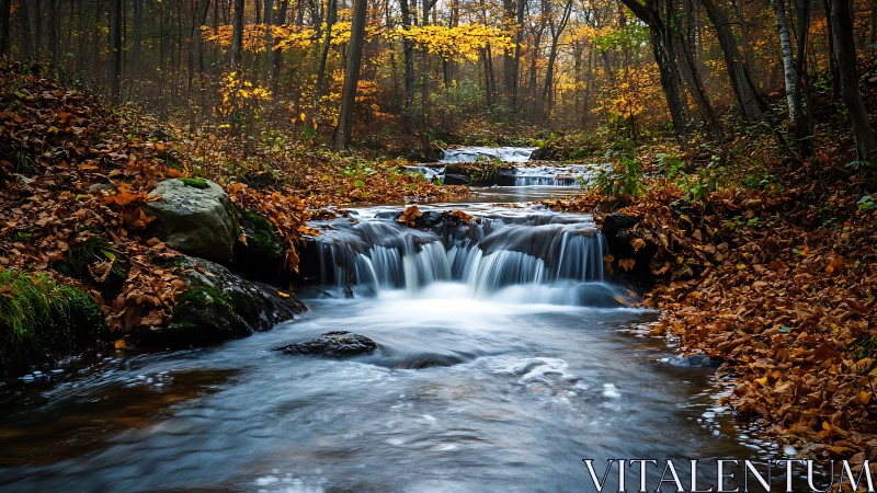 Forest stream cascading through vivid autumn foliage at dusk.