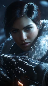 Cinematic sci-fi portrait with tactical armor close framing.