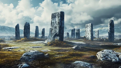 Ancient stone circle stands beneath dramatic stormlit skies
