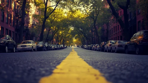 Golden hour stroll down a quiet tree lined city street.