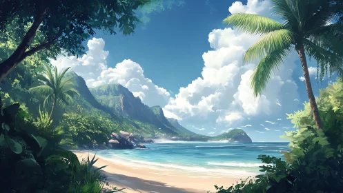 Tropical Island Coastline with Verdant Cliffs and Crystalline Lagoon Waters