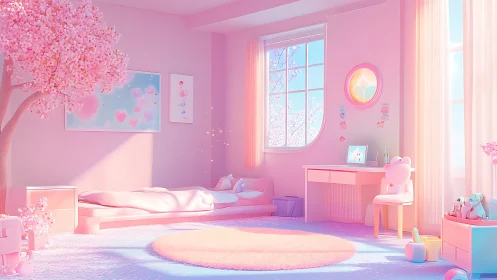 Pastel pink 3D bedroom with cherry blossom tree and sunrise light.