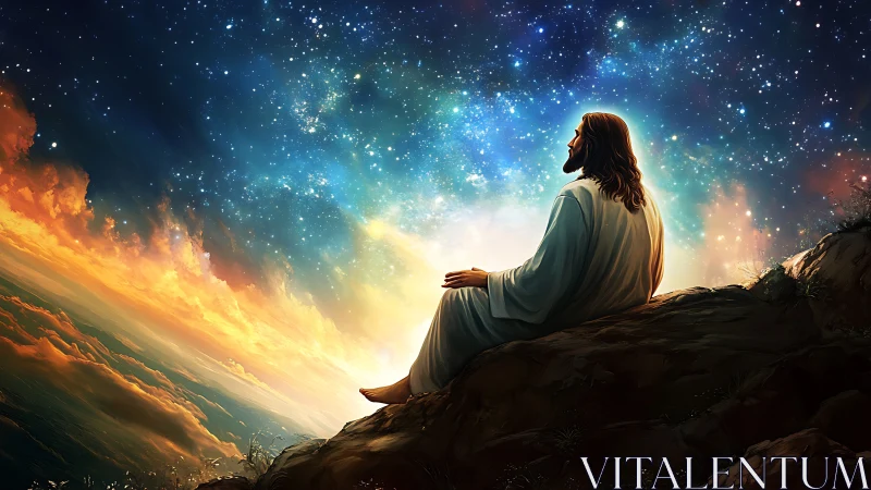 Gentle figure resting beneath a glowing river of stars.