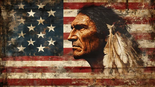 Indigenous man profile overlay sits on worn US flag