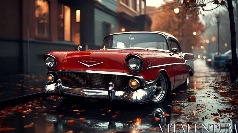 Vintage red Chevy on rain-soaked autumn city street.