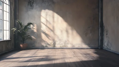 Sunlit palm and peeling walls in a hush of empty space.