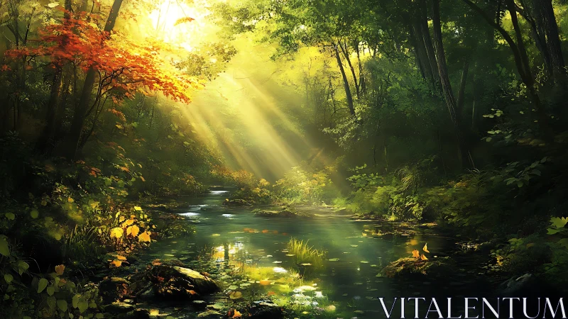 Luminous forest stream with volumetric light and layered foliage.