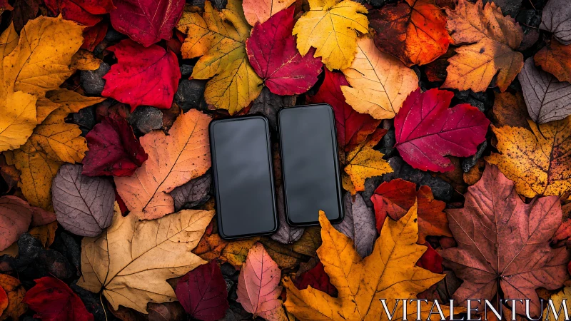 Cozy smartphones resting among a carpet of autumn leaves.