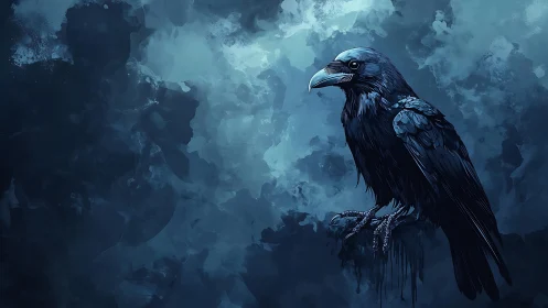 Midnight oracle raven perched in swirling stormlight blue.