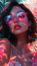 Neon-lit tropical portrait with reflective pink sunglasses.