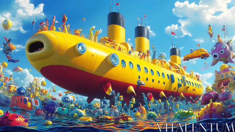 Playful yellow submarine sails through a whimsical toy ocean