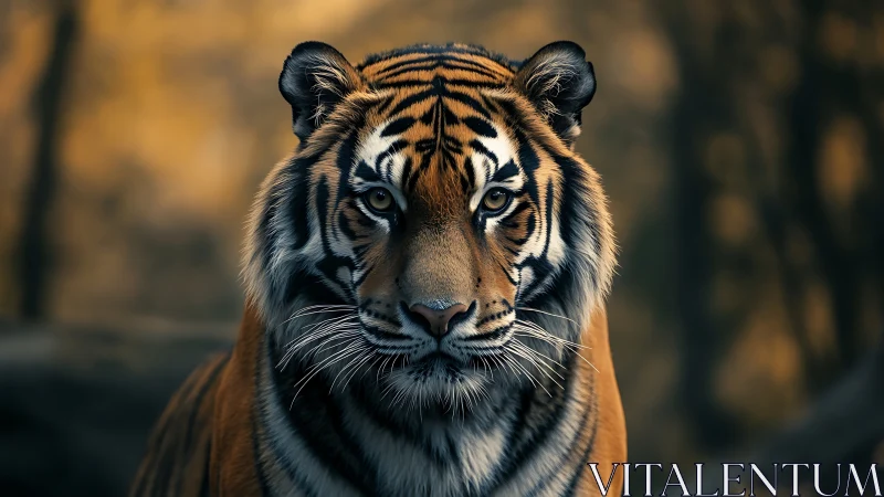 Front-facing tiger portrait in warm forest environment.