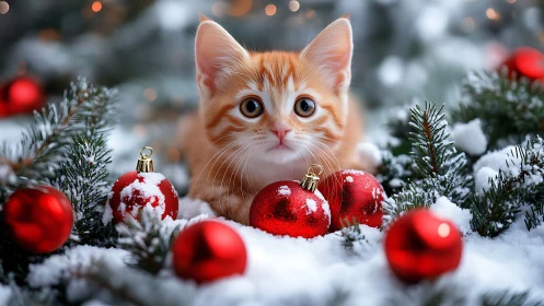 Ginger kitten among snowy fir branches and red ornaments.