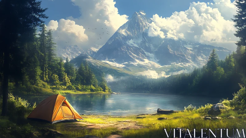 Solitary orange tent rests beside tranquil alpine lake