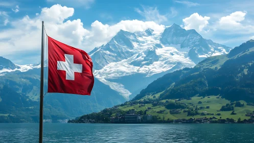 Swiss flag over alpine lake with snowcapped mountain backdrop.