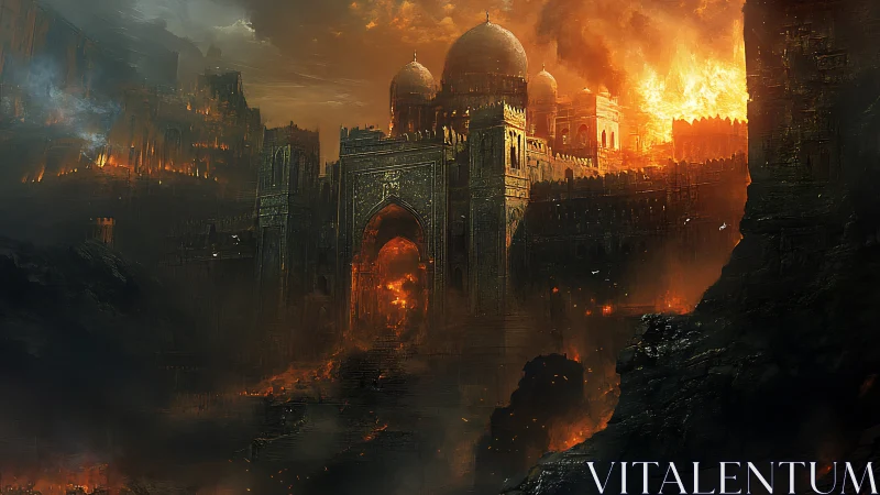 Walled domed city engulfed in large-scale structural fire.