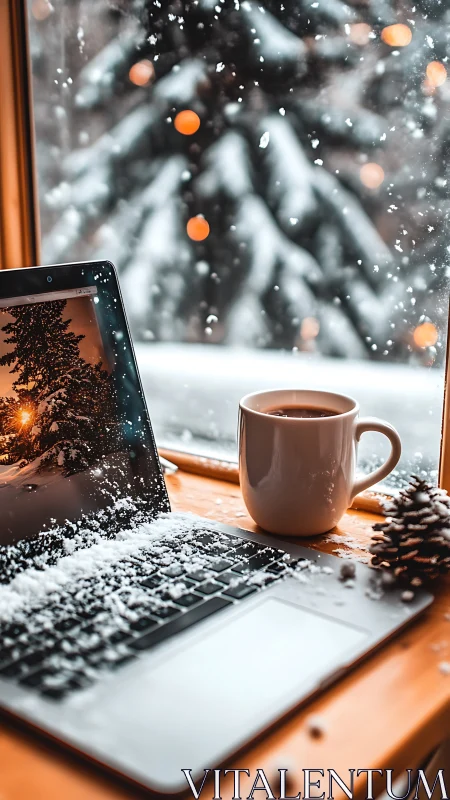 Cozy winter workspace welcomes snow, warmth, and quiet focus