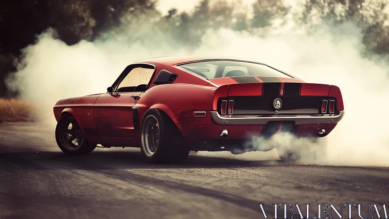 Roaring classic muscle car spins powerfully through drifting smoke