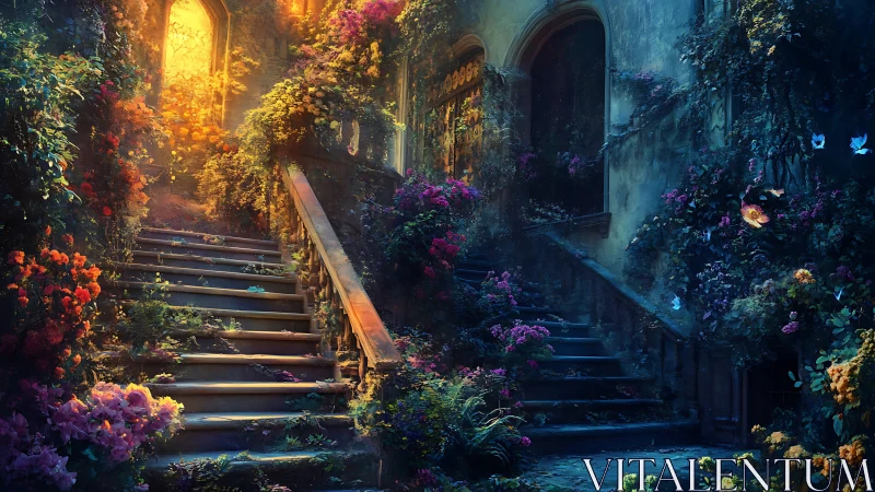 Enchanted garden staircase glows under golden evening light.