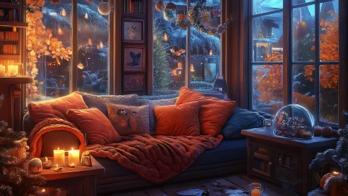 Candlelit living room sofa contrasts warm interior with snowy night