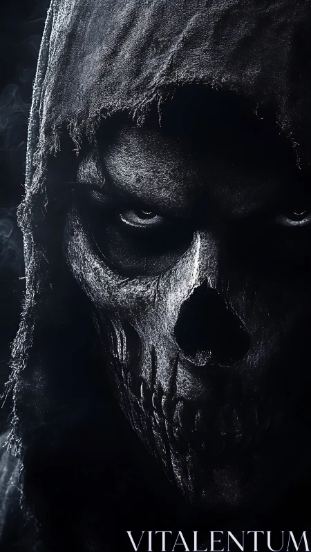 Hooded skeletal visage in high-contrast monochrome portrait