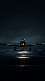 Low-key frontal aircraft portrait with runway specular highlights at night
