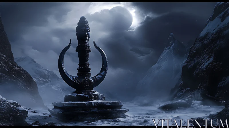 Lunar-illuminated monolithic deity amid glacial mountain pass.