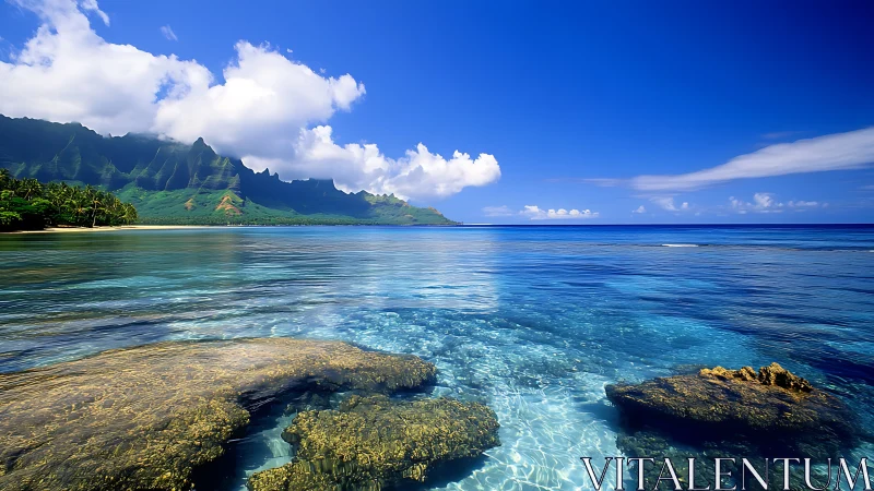 Coastal lagoon and emerald cliffs under vivid blue sky.