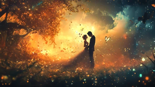 Couple in Golden Light Surrounded by Glowing Particles