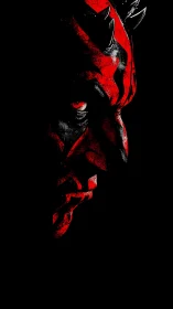 Horned red demon profile emerges from deep darkness.