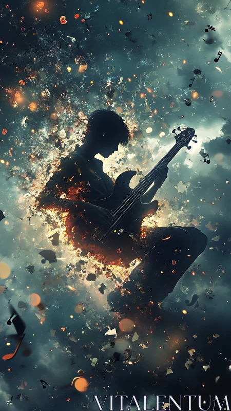 Silhouetted guitarist ignites cosmic burst of musical energy.