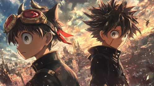 Two anime boys stand back to back over burning cityscape.