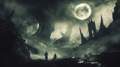 Lunar-illuminated Gothic ruins in fog with robed wanderers