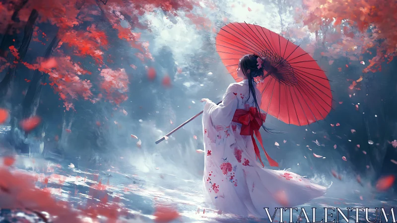 Crimson umbrella drifting through misty cherry reverie.