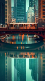 Urban train crosses river bridge amid mirrored city towers