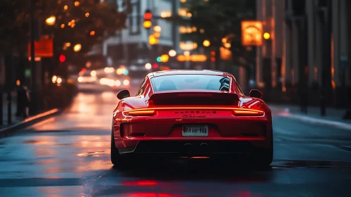 Red sports coupe glows on rain-slicked urban boulevard at dusk.