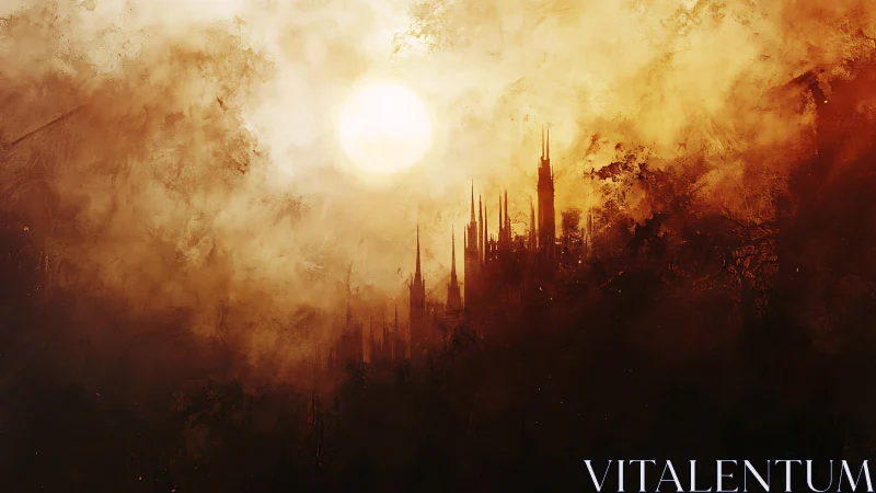 Sun-scorched gothic citadel in atmospheric digital painting.