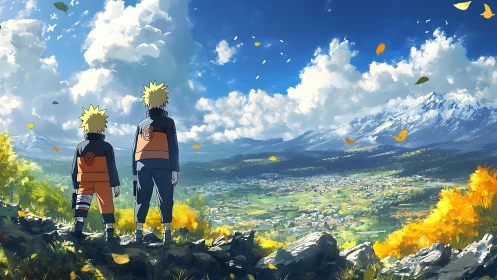 Two anime figures observe valley town with distant mountains.