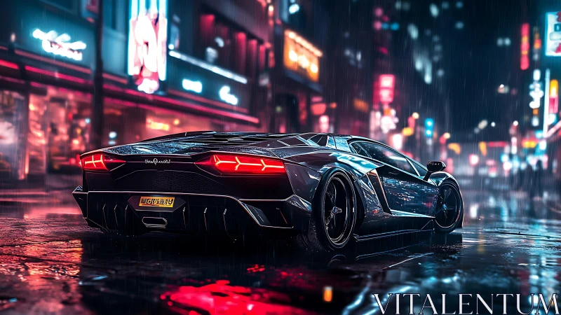 Neon-lit supercar glows on wet cyberpunk city street.