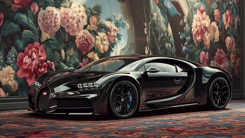 Hypercar interior display with reflective black coupe and florals