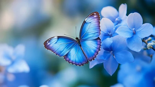 Blue morpho butterfly rests on vivid hydrangea blooms.