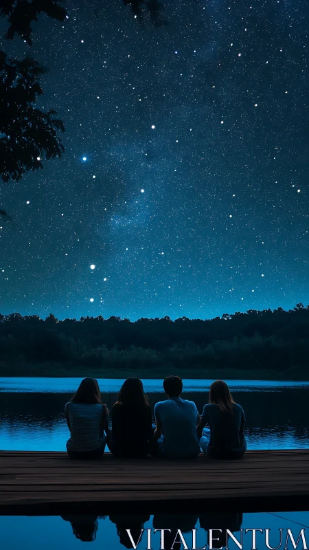 Silhouetted friends on lakeside dock observe dense starfield