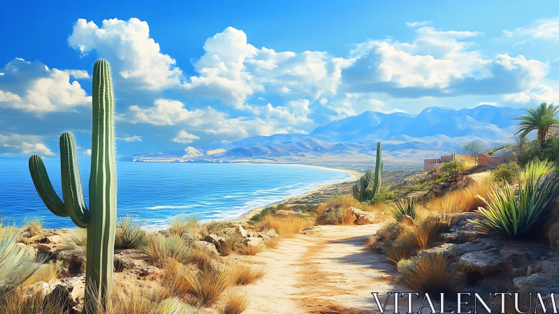 Coastal desert trail with cacti, turquoise bay and mountains.