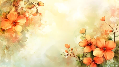 Orange flowers rendered with watercolor on soft beige background