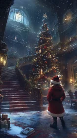 Child in Santa coat gazes at grand enchanted Christmas tree