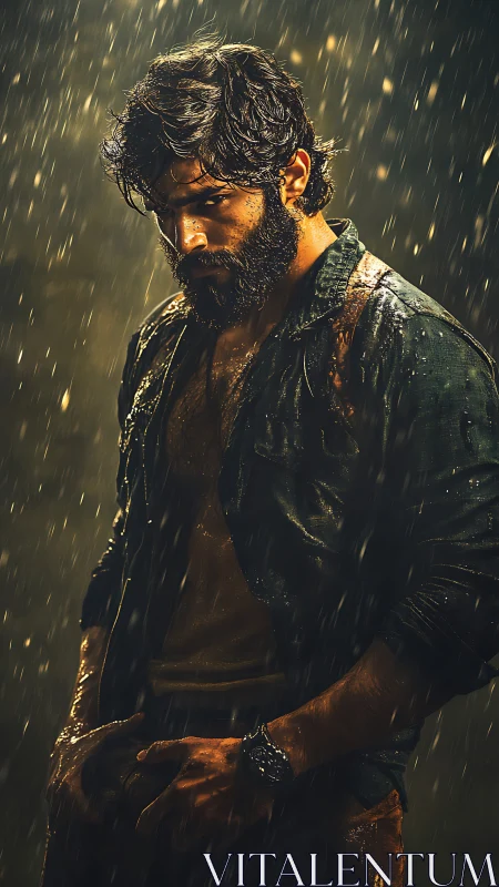 Brooding wet man under dramatic backlit rainfall portrait
