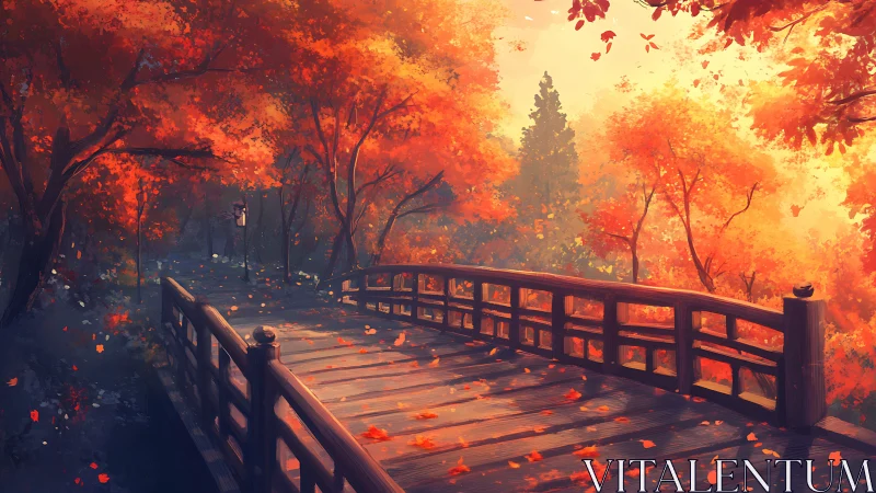 Timber footbridge under diffuse golden autumn canopy light