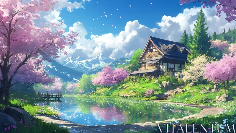 Lakeside sakura retreat with alpine backdrop, digital rendering.