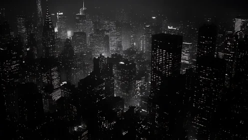 Midnight city skyline glowing softly through the darkness.